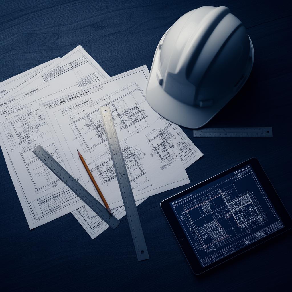 Plantas técnicas de projeto de combate a incêndio sobre mesa de engenharia