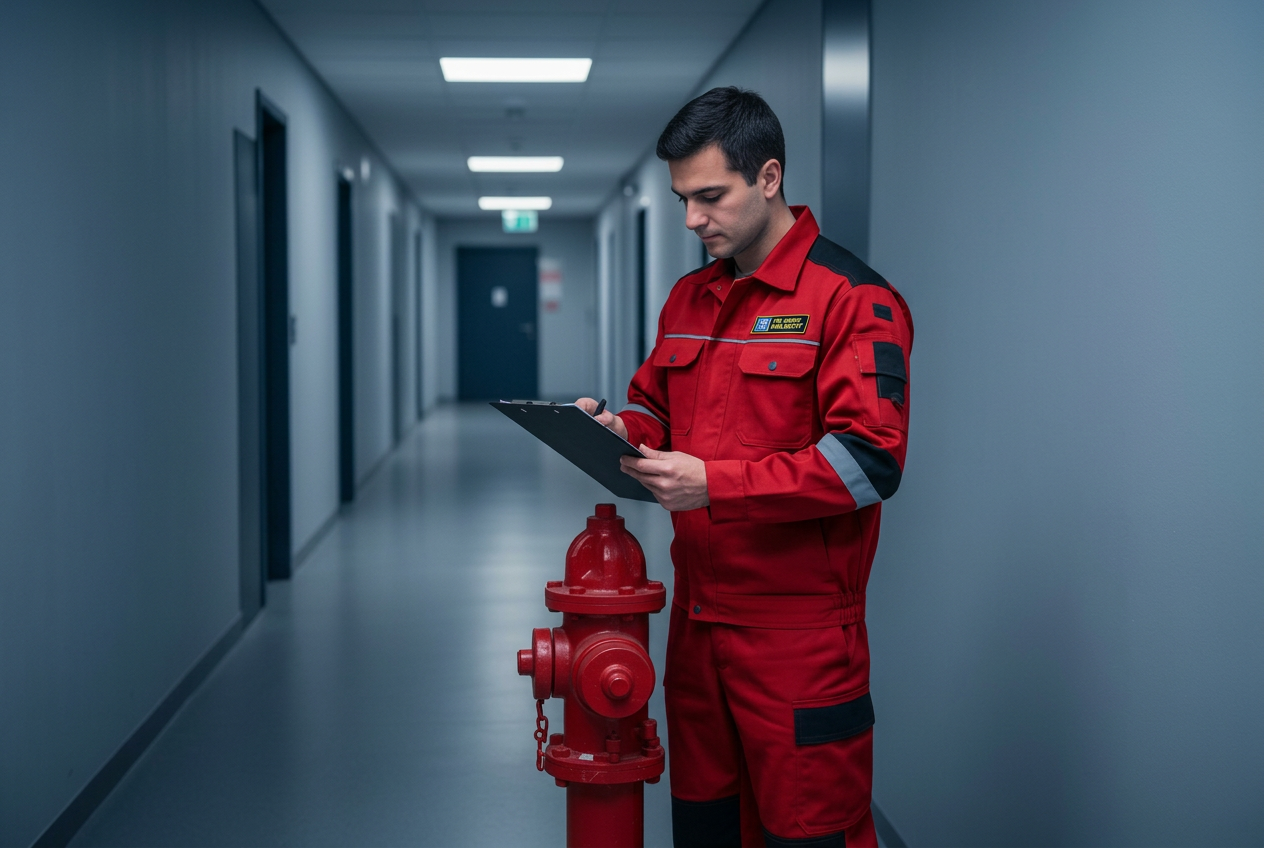 Engenheiro realizando vistoria técnica de hidrante em edificação comercial
